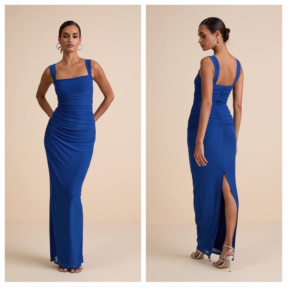 Lulus Amazing Presence Blue Mesh Ruched Column Maxi
Dress